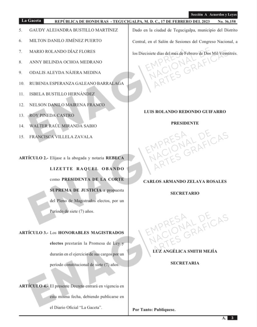 Publicado en el Diario Oficial La Gaceta el decreto que acredita a los magistrados de la Corte Suprema de Justicia para el período 2023 - 2030